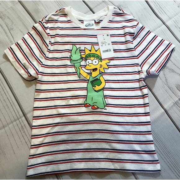 The Simpson Patriotic Graphic Print Short Sleeve Striped T-Shirt Women's S NWT - Picture 1 of 6